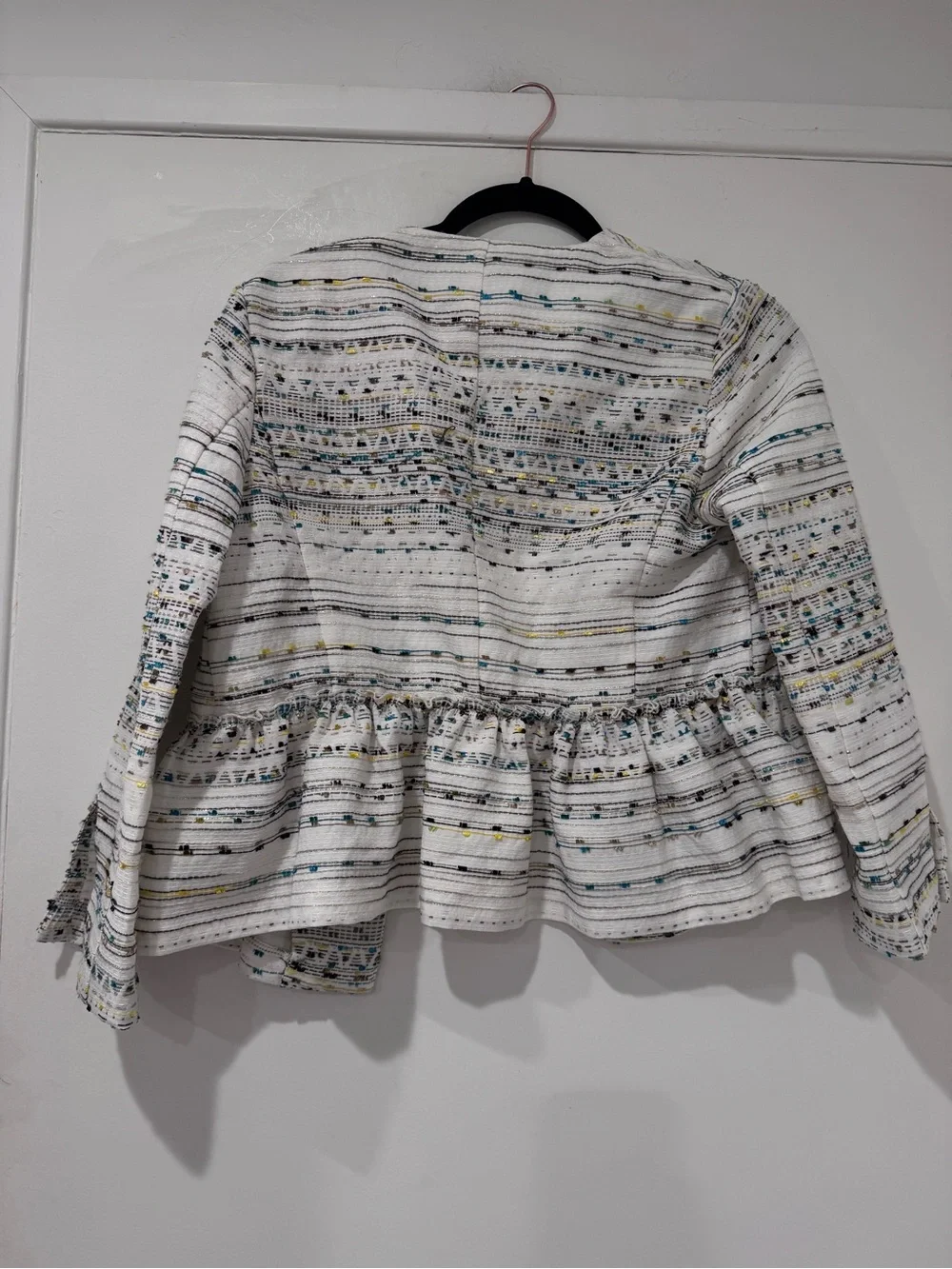 Zara Textured Peplum Jacket Blazer White Metallic Thread Open Front Size M - Picture 10 of 11